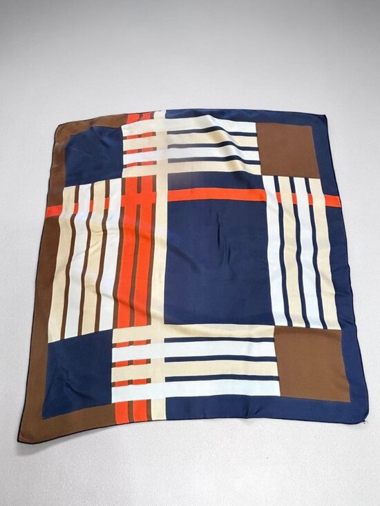 Unbranded Accessories - Vintage 70s 80s Geometric 24" Square 100% Silk Scarf Blue Brown Orange